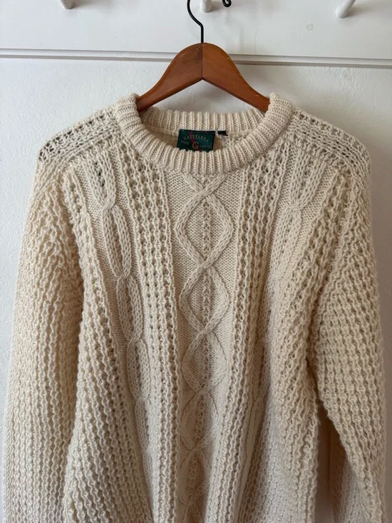 Vtg Gaeltarra Handcrafted Ireland Cable-Knit Crewneck Fisherman Sweater Cream 42 - Picture 2 of 10